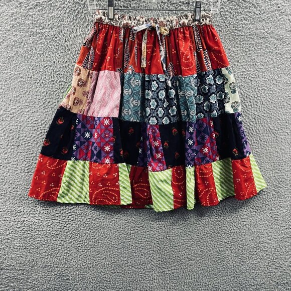 Ashley Taylor Patchwork Skirt Womens One‎ Size Red Boho Hippie Drawstring Cotton - Picture 2 of 10